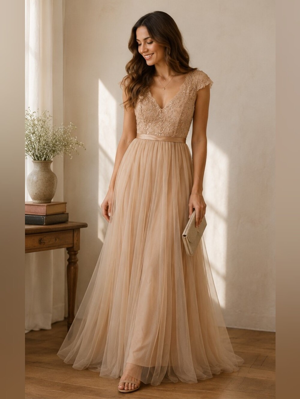 Morilee Lace Bodice Tulle Maxi Dress in Champagne | Sz 4